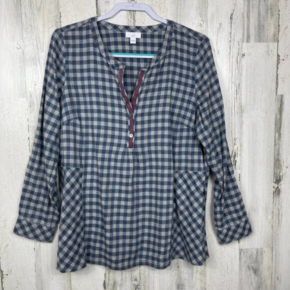 J. JIll flannel pullover tunic top shirt gingham check henley blue gray large - Picture 1 of 6